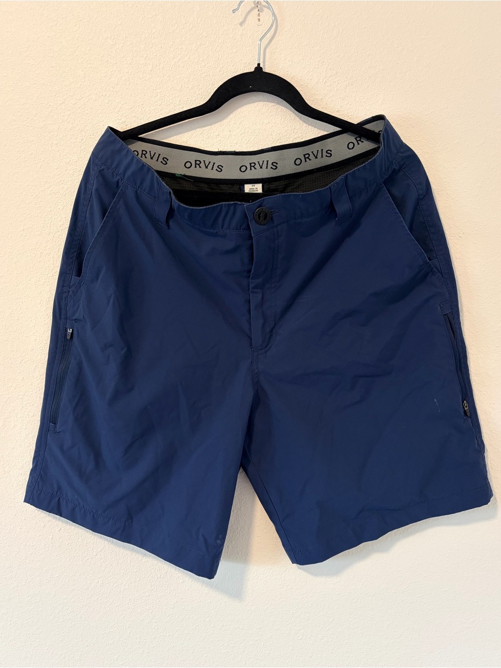 Orvis Mens Tech Performance Outdoor Hiking Shorts Blue 34 Stretch Zip Pocket